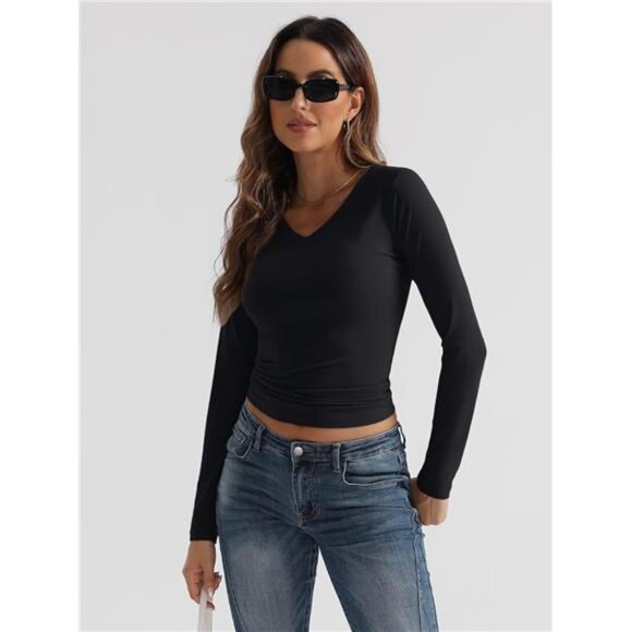 V-Neck Long Sleeve Crop Top – Stretchy Slim Fit Y2K Basic Tee - Picture 4 of 6